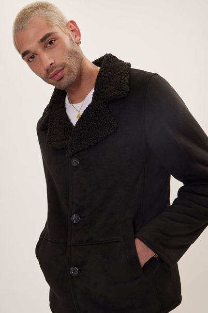 Men's Vegan Shearling Peacoat - Black | Ron Tomson