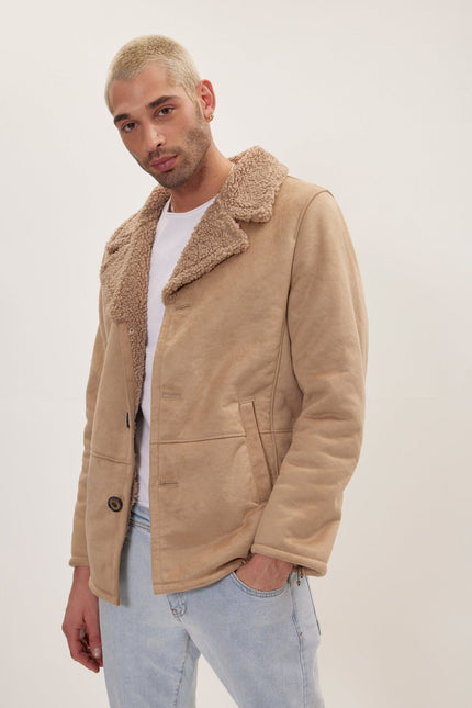 Men's Vegan Shearling Peacoat - Stone | Ron Tomson