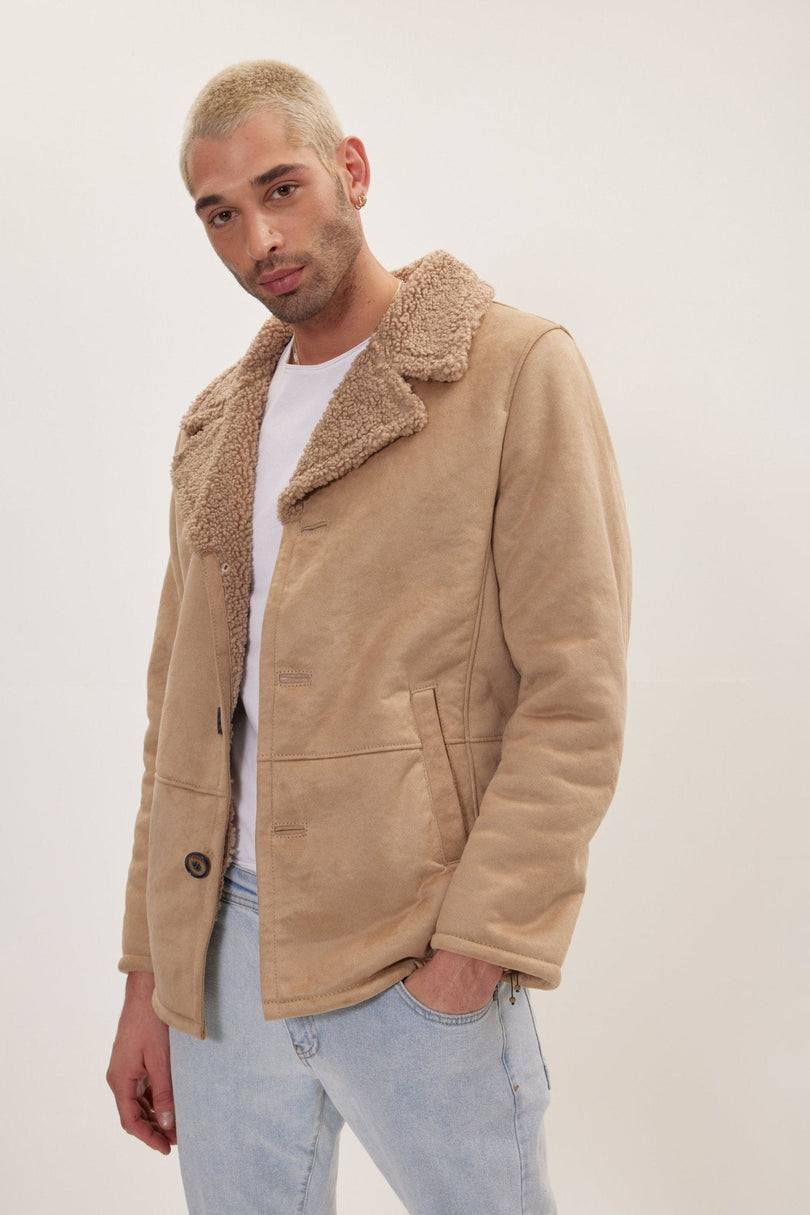 Men's Vegan Shearling Peacoat - Stone | Ron Tomson