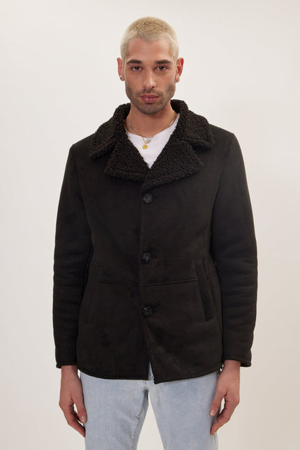 Men's Vegan Shearling Peacoat - Black | Ron Tomson