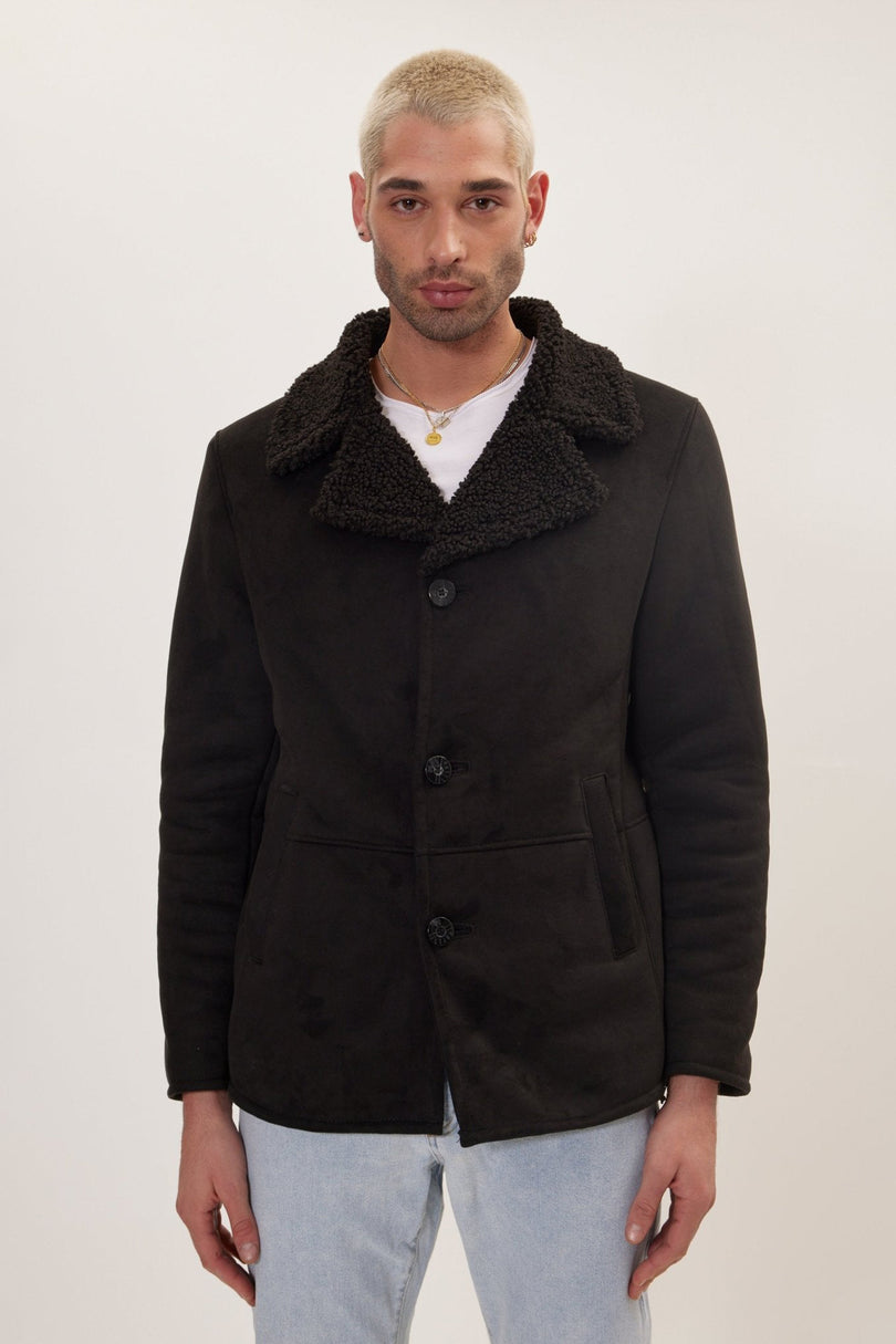 Men's Vegan Shearling Peacoat - Black | Ron Tomson