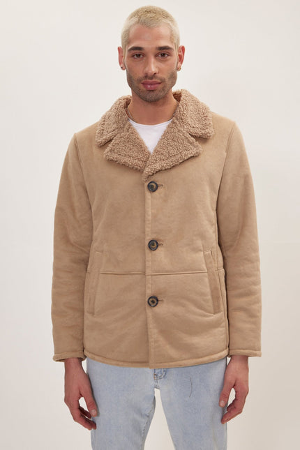 Men's Vegan Shearling Peacoat - Stone | Ron Tomson