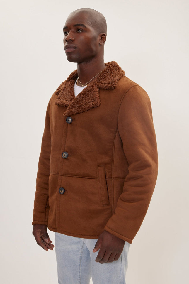 Men's Vegan Shearling Peacoat - Brown | Ron Tomson