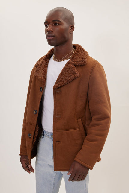 Men's Vegan Shearling Peacoat - Brown | Ron Tomson