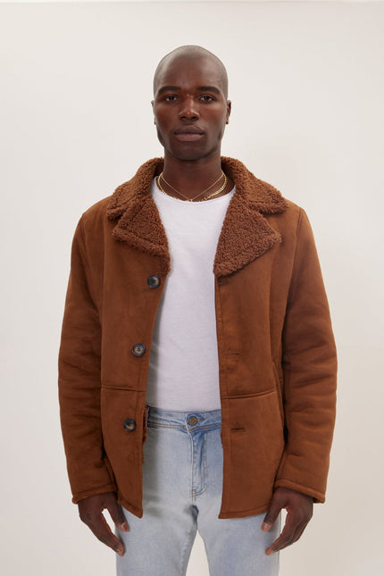 Men's Vegan Shearling Peacoat - Brown | Ron Tomson