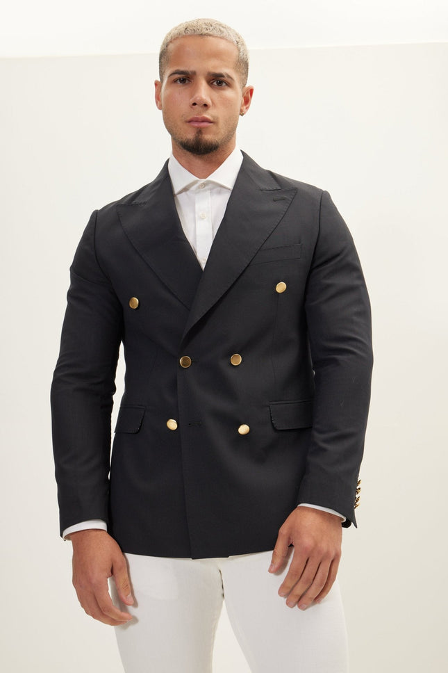 Men's Gold Button Double-Breasted Super 110s Wool Blazer - Navy | Ron Tomson