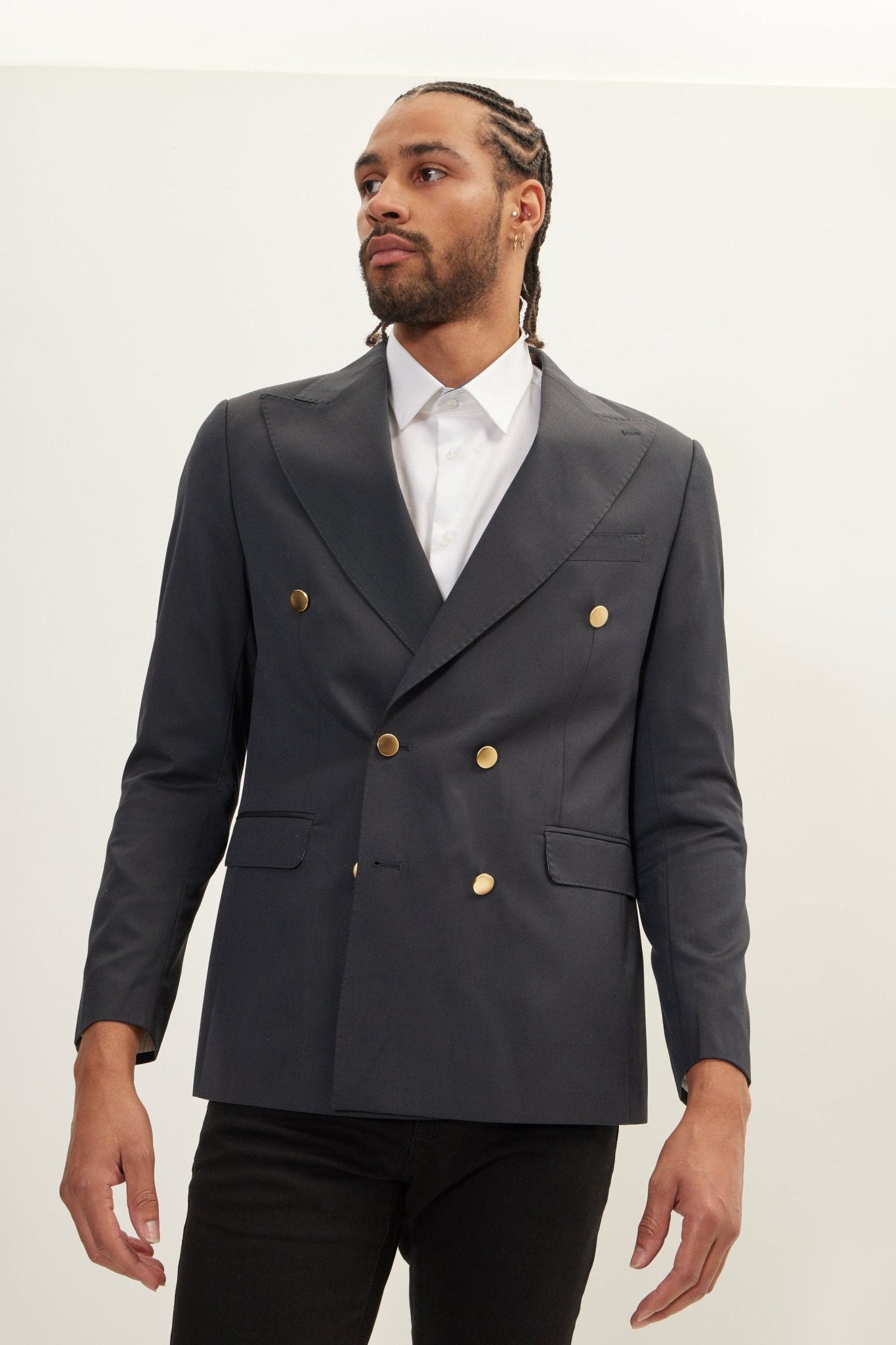 Men's Gold Button Double-Breasted Wool Blazer - Dark Grey | Ron Tomson