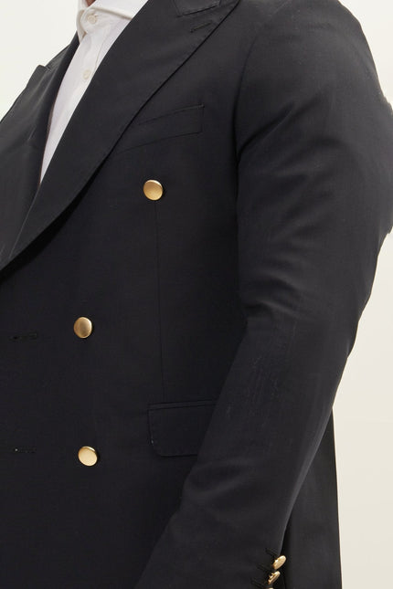Men's Gold Button Double-Breasted Super 110s Wool Blazer - Navy | Ron Tomson