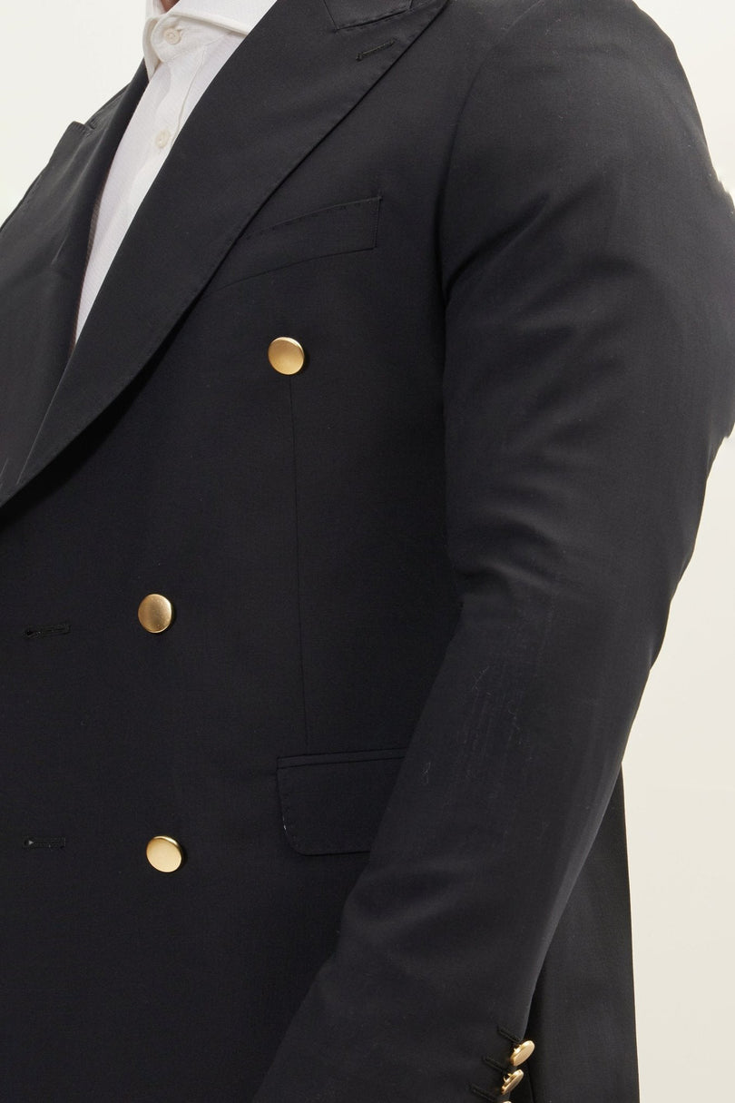 Men's Gold Button Double-Breasted Super 110s Wool Blazer - Navy | Ron Tomson