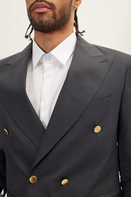 Men's Gold Button Double-Breasted Wool Blazer - Dark Grey | Ron Tomson