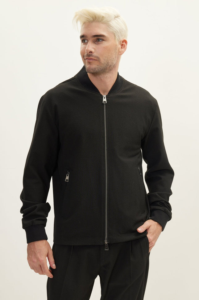 Men's Waffle Stretch Beach Day Bomber Jacket - Black | Ron Tomson