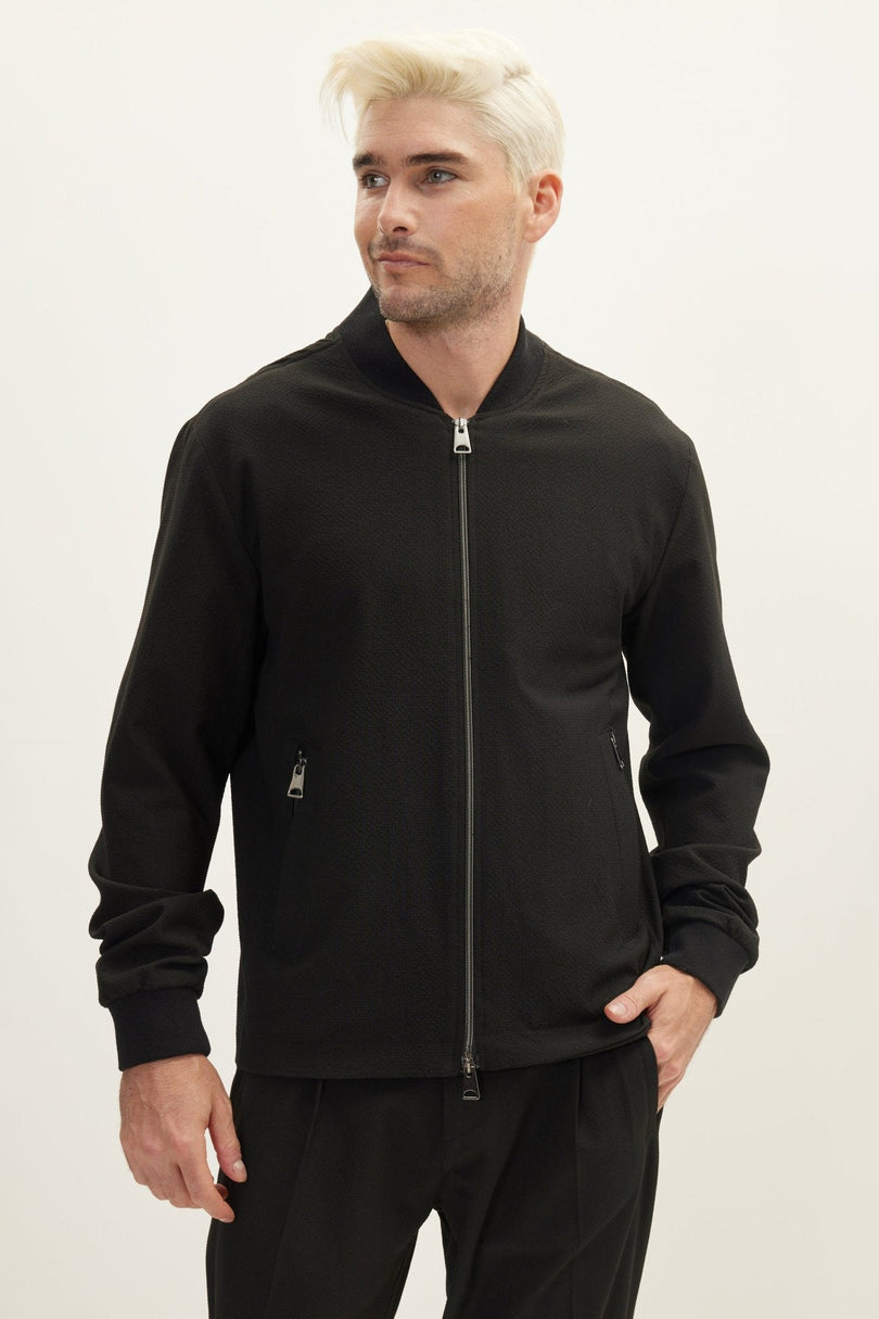 Men's Waffle Stretch Beach Day Bomber Jacket - Black | Ron Tomson