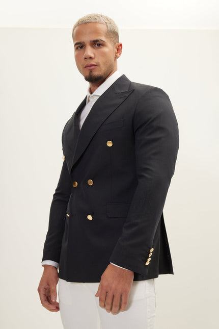 Men's Gold Button Double-Breasted Super 110s Wool Blazer - Navy | Ron Tomson