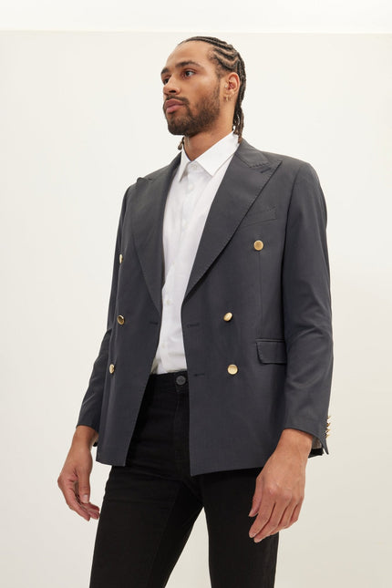 Men's Gold Button Double-Breasted Wool Blazer - Dark Grey | Ron Tomson
