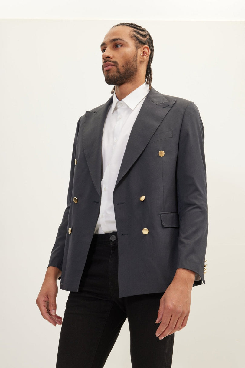 Men's Gold Button Double-Breasted Wool Blazer - Dark Grey | Ron Tomson