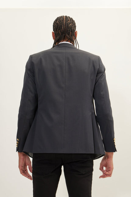 Men's Gold Button Double-Breasted Wool Blazer - Dark Grey | Ron Tomson