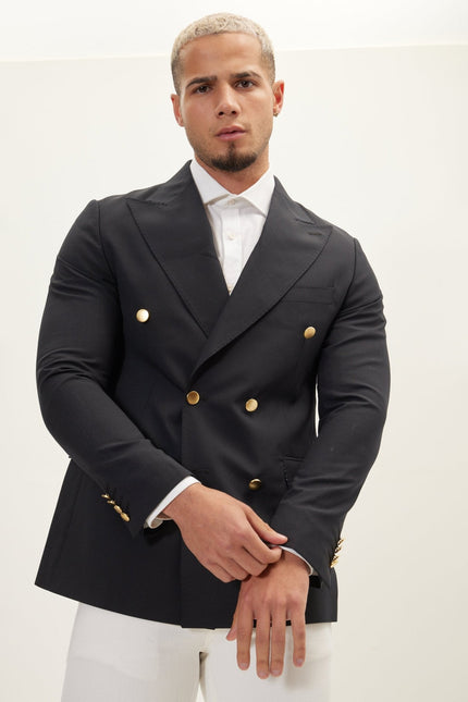 Men's Gold Button Double-Breasted Super 110s Wool Blazer - Navy | Ron Tomson