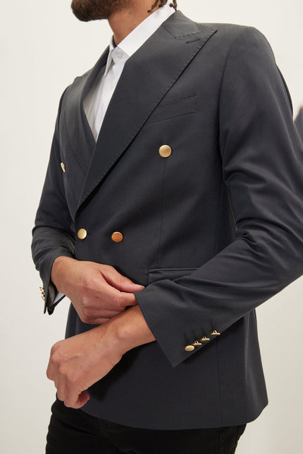 Men's Gold Button Double-Breasted Wool Blazer - Dark Grey | Ron Tomson