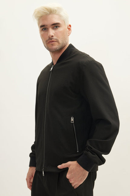 Men's Waffle Stretch Beach Day Bomber Jacket - Black | Ron Tomson