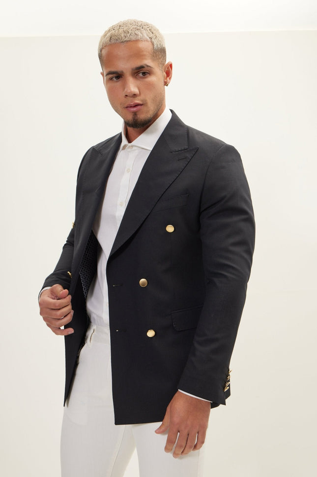 Men's Gold Button Double-Breasted Super 110s Wool Blazer - Navy | Ron Tomson