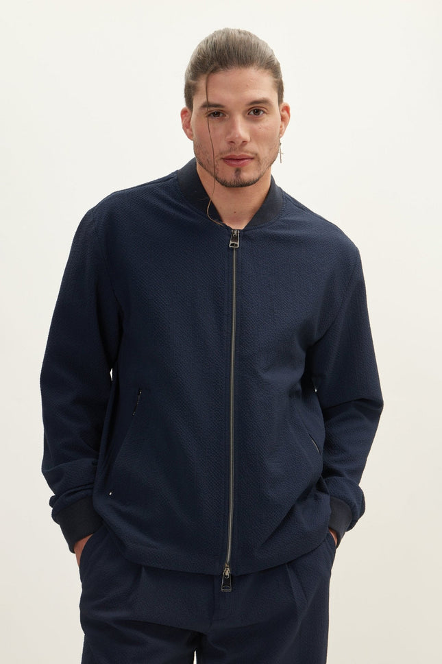 Men's Waffle Stretch Beach Day Bomber Jacket - Navy | Ron Tomson