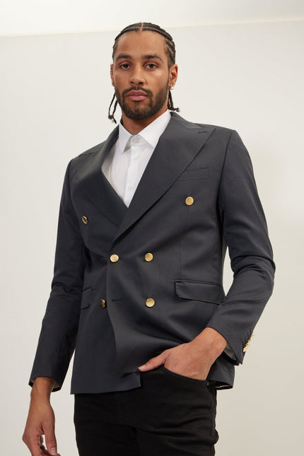 Men's Gold Button Double-Breasted Wool Blazer - Dark Grey | Ron Tomson