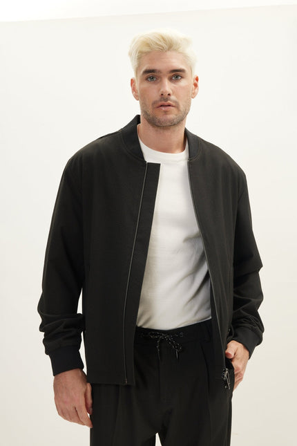 Men's Waffle Stretch Beach Day Bomber Jacket - Black | Ron Tomson