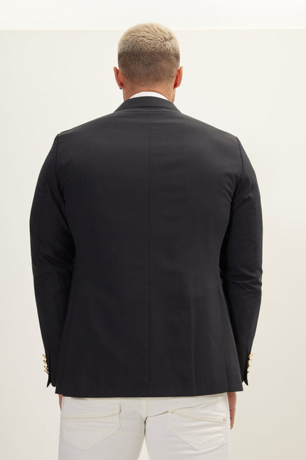 Men's Gold Button Double-Breasted Super 110s Wool Blazer - Navy | Ron Tomson