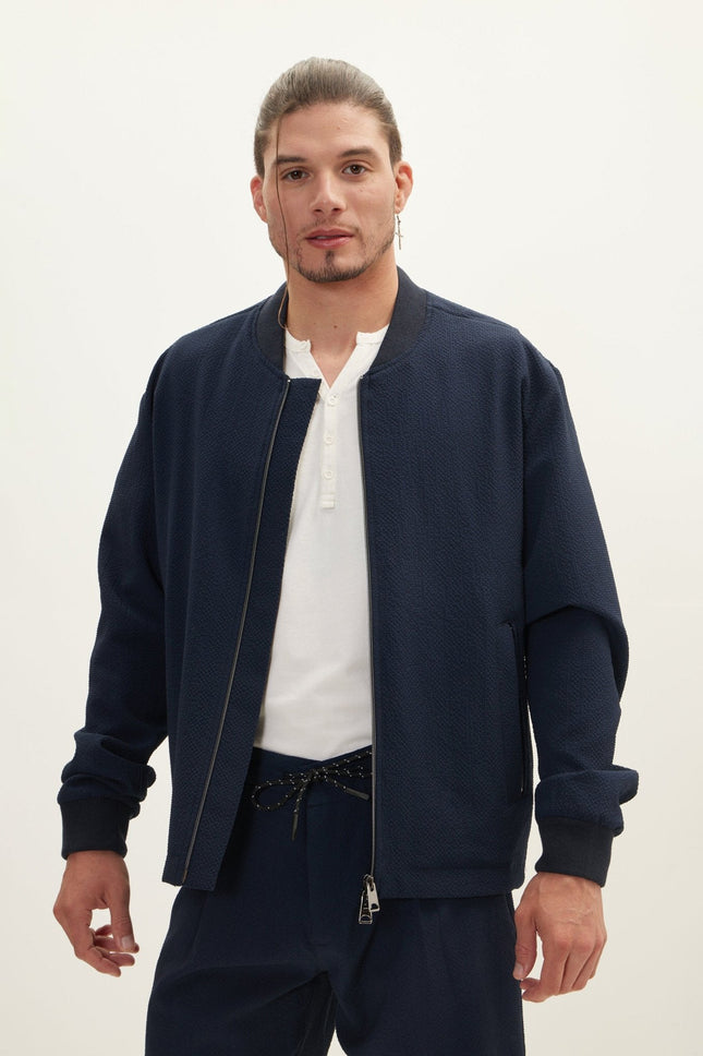 Men's Waffle Stretch Beach Day Bomber Jacket - Navy | Ron Tomson