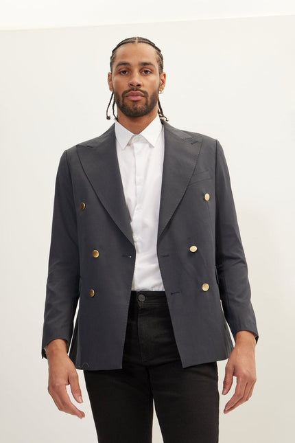 Men's Gold Button Double-Breasted Wool Blazer - Dark Grey | Ron Tomson