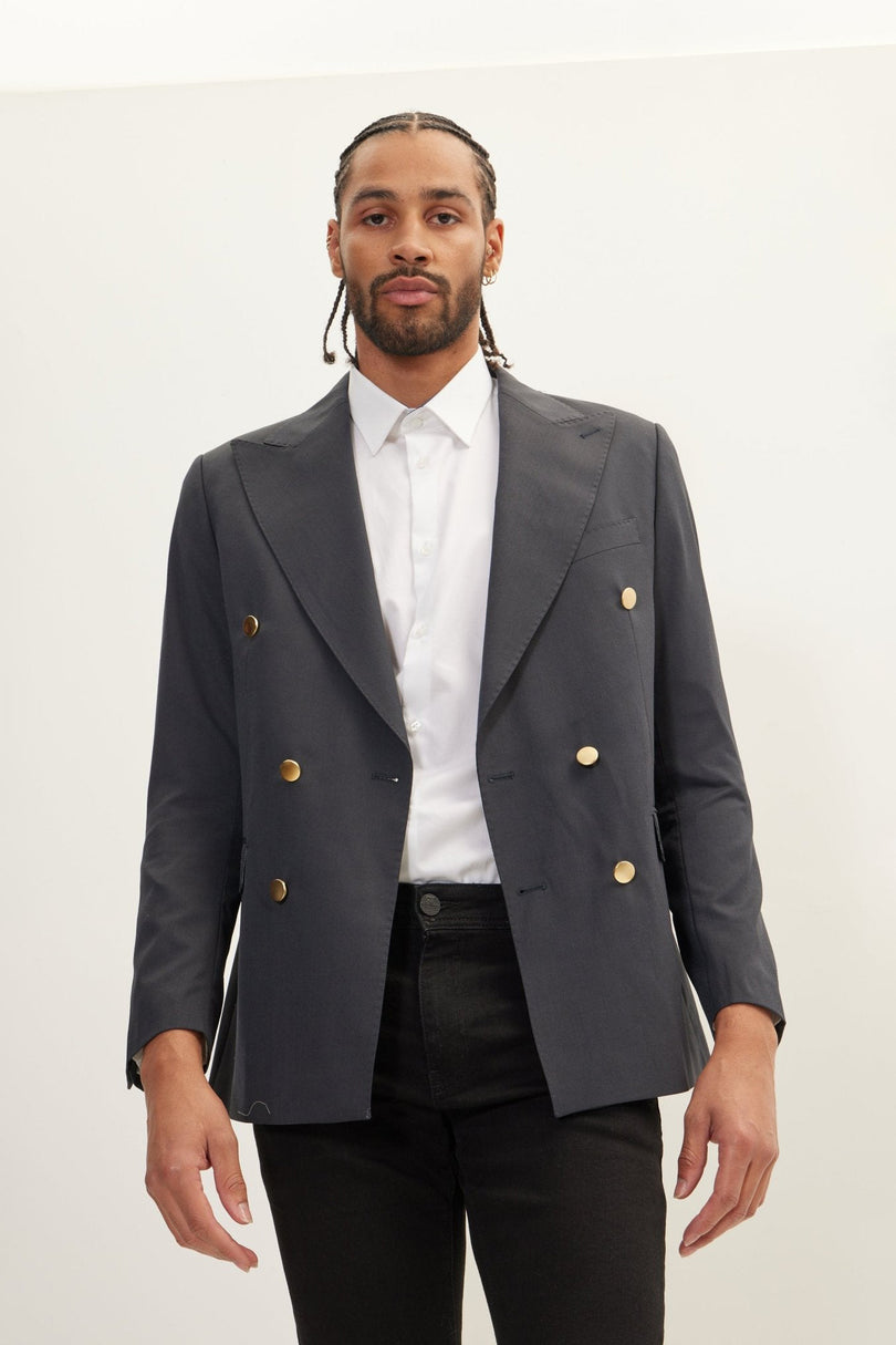 Men's Gold Button Double-Breasted Wool Blazer - Dark Grey | Ron Tomson