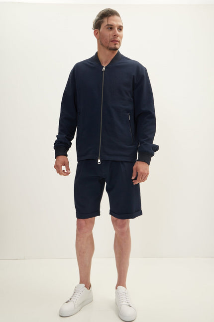 Men's Waffle Stretch Beach Day Bomber Jacket - Navy | Ron Tomson