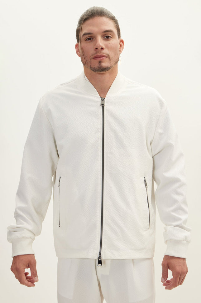 Men's Waffle-Stretch Bomber Jacket - Off-White | Ron Tomson