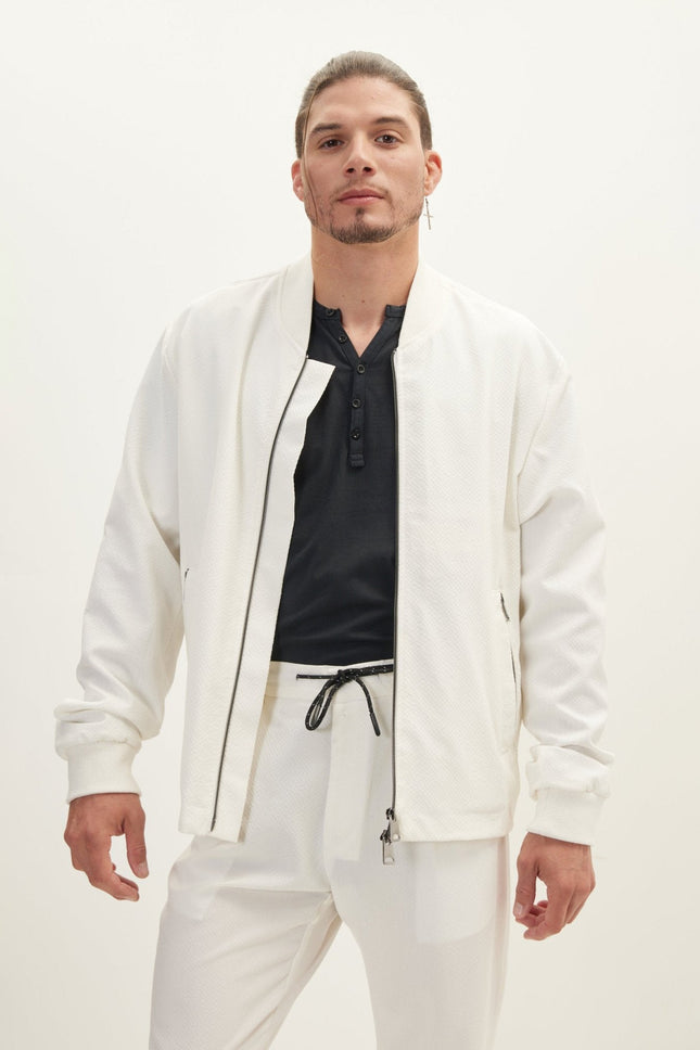 Men's Waffle-Stretch Bomber Jacket - Off-White | Ron Tomson