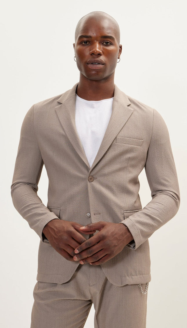 Waffle Notch Lapel Blazer - Light Brown