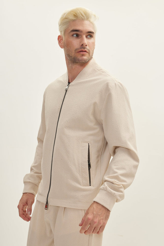 Men's Waffle Stretch Beach Day Bomber Jacket - Stone | Ron Tomson