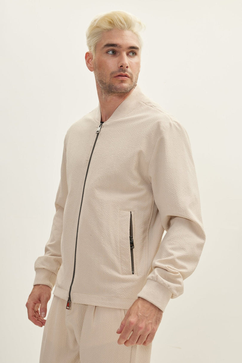 Men's Waffle Stretch Beach Day Bomber Jacket - Stone | Ron Tomson