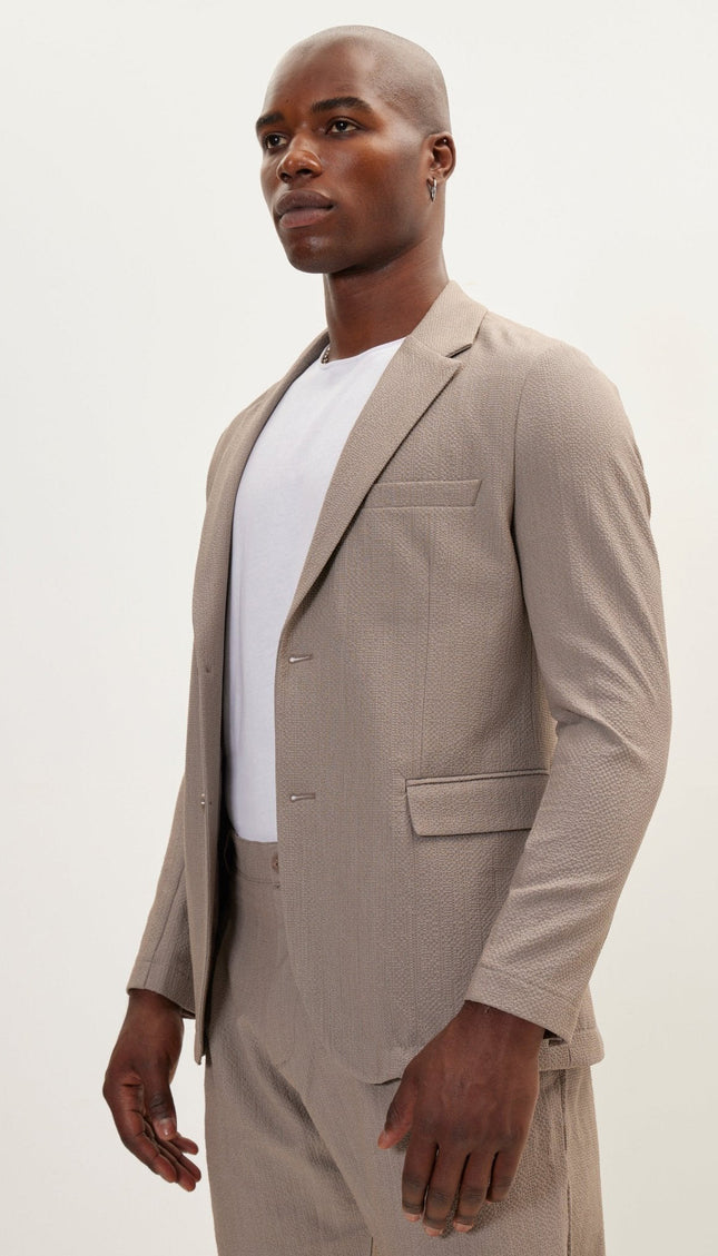 Waffle Notch Lapel Blazer - Light Brown