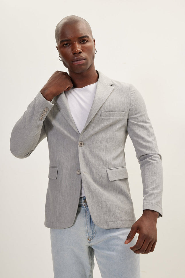 Men's Single-Breasted Waffle Notch Lapel Jacket - Grey | Ron Tomson