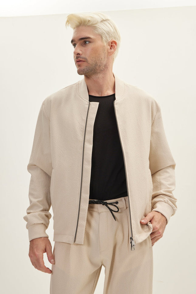 Men's Waffle Stretch Beach Day Bomber Jacket - Stone | Ron Tomson
