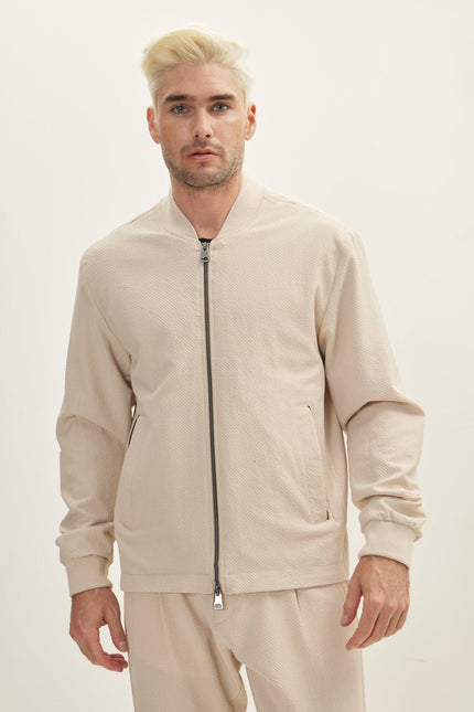 Men's Waffle Stretch Beach Day Bomber Jacket - Stone | Ron Tomson