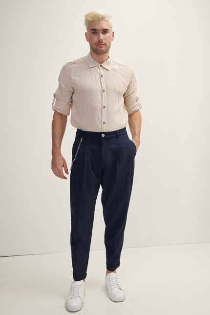Men's Waffle Stretch Casual Pants - Navy | Ron Tomson