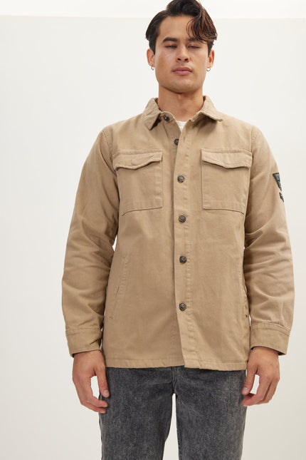 Men's Cotton Utilitarian Shirt Jacket - Camel | Ron Tomson