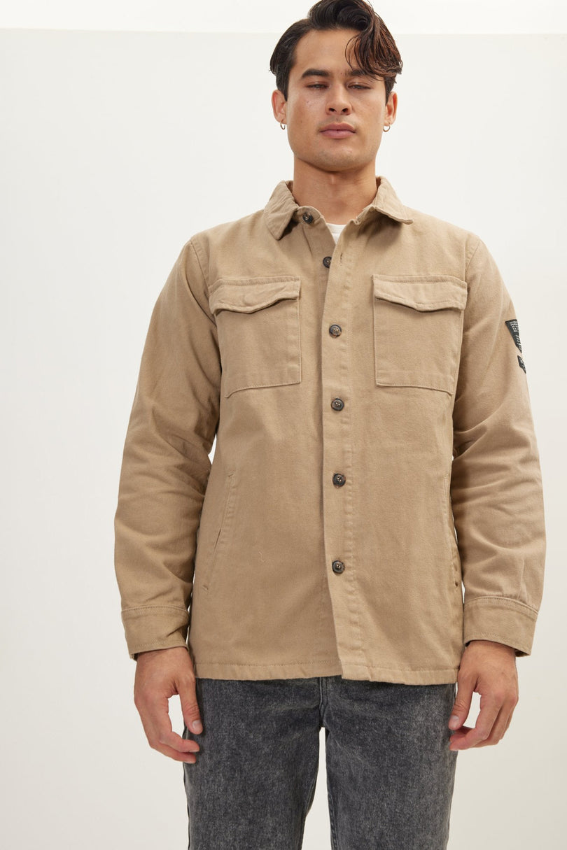 Men's Cotton Utilitarian Shirt Jacket - Camel | Ron Tomson