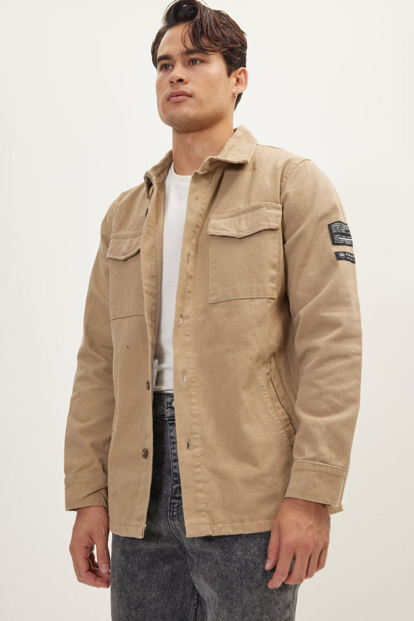 Men's Cotton Utilitarian Shirt Jacket - Camel | Ron Tomson