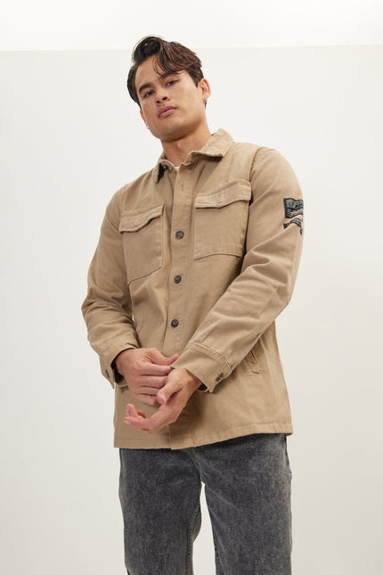 Men's Cotton Utilitarian Shirt Jacket - Camel | Ron Tomson