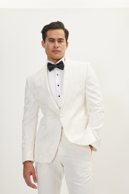 Men's Lace Shawl Lapel Tuxedo Jacket - White | Ron Tomson