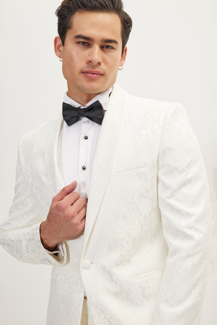 Men's Lace Shawl Lapel Tuxedo Jacket - White | Ron Tomson
