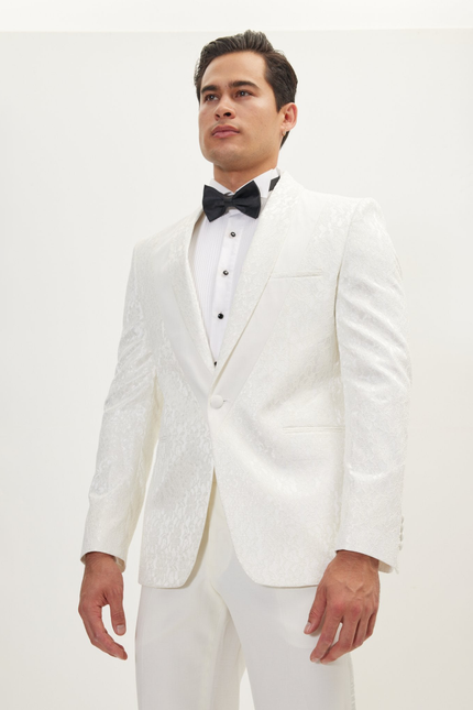 Men's Lace Shawl Lapel Tuxedo Jacket - White | Ron Tomson