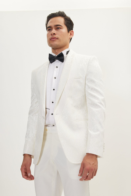 Men's Lace Shawl Lapel Tuxedo Jacket - White | Ron Tomson